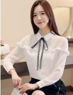 พรีออเดอร์ เสื้อเชิ้ต คอปก แขนยาว ผ้าชีฟอง มีโบว์เล็กด้านหน้า จั๊มแขน ใส่ทำงาน สี ขาว  พรีออเดอร์ เสื้อเชิ้ต คอปก แขนยาว ผ้าชีฟอง มีโบว์เล็กด้านหน้า จั๊มแขน ใส่ทำงาน สี ขาว