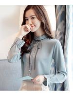 พรีออเดอร์ เสื้อเชิ้ต คอจีนแขนยาว จั๊มแขน โบว์ด้านหน้า ใส่ทำงานสไตลหรู สี เทา ขาว และโอรส พรีออเดอร์ เสื้อเชิ้ต คอจีนแขนยาว จั๊มแขน โบว์ด้านหน้า ใส่ทำงานสไตลหรู สี เทา ขาว และโอรส